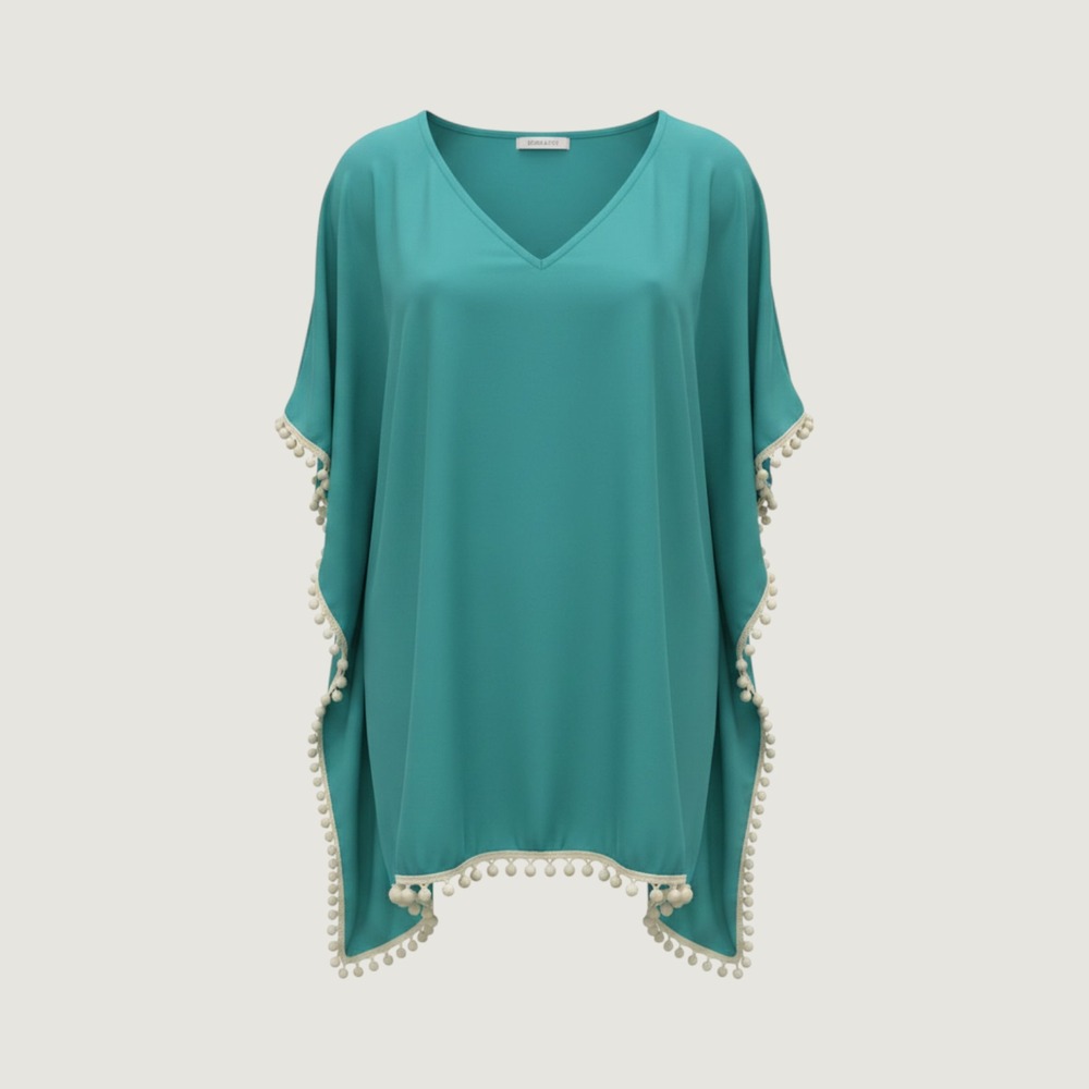 Adreamly Teal Green V-Neck Pom Pom Trim Chiffon Beach Cover Up Kaftan Tunic